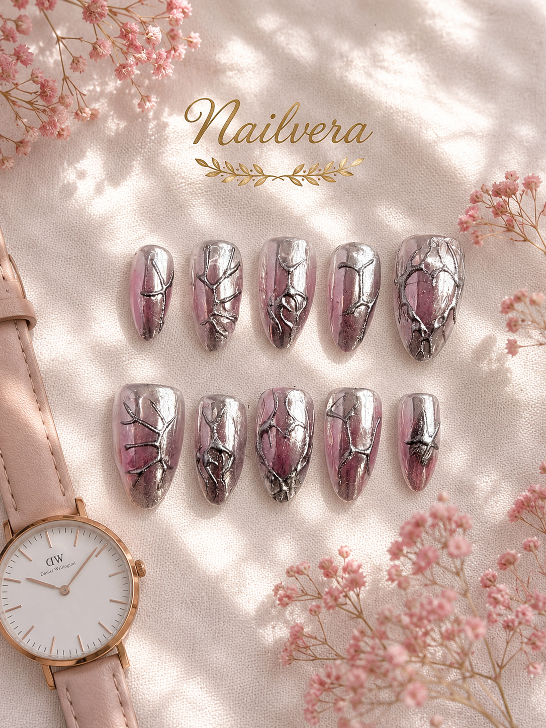 Y2K Chrome Press-On Nails – Handmade Silver Metallic Design