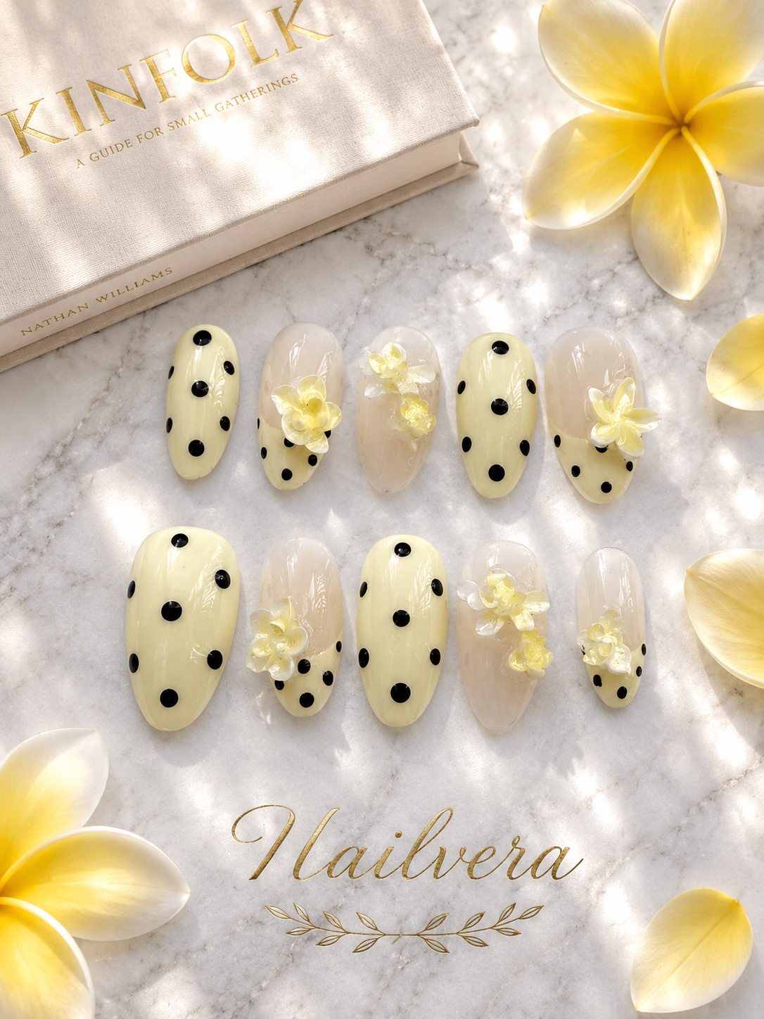 Butter Yellow Press-On Nails – Handmade 3D Plumeria Floral Gel Nail Set
