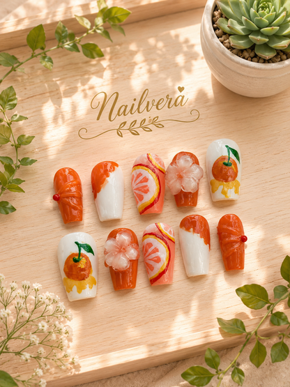 Orange Blossom Press-On Nails – Handmade 3D Citrus Gel Nail Set