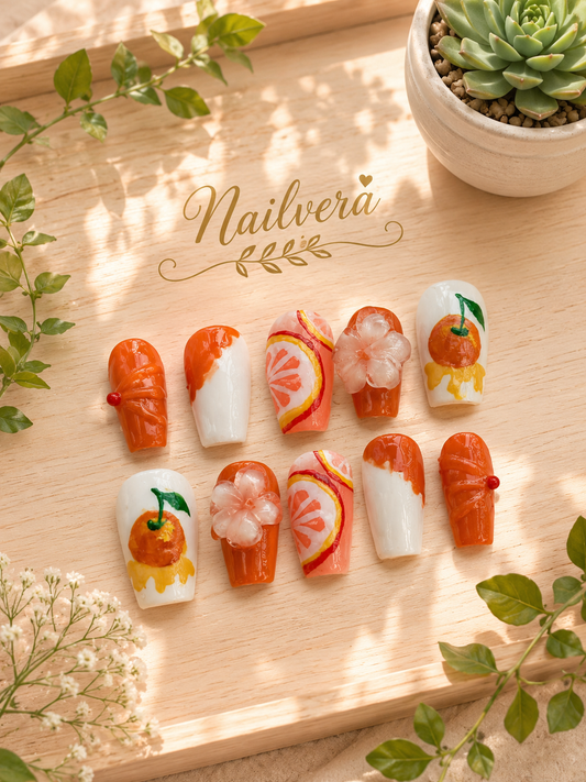 Orange Blossom Press-On Nails – Handmade 3D Citrus Gel Nail Set