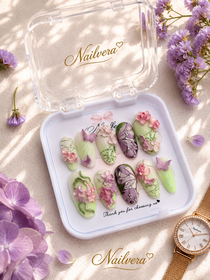 Butterfly Garden Press-On Nails – Handmade 3D Floral Sage Green Gel Nail Set
