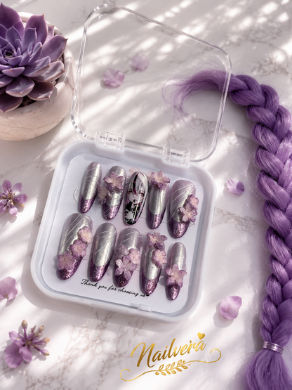 Lavender Anime Press-On Nails – Handmade 3D Sakura Gel Nail Set