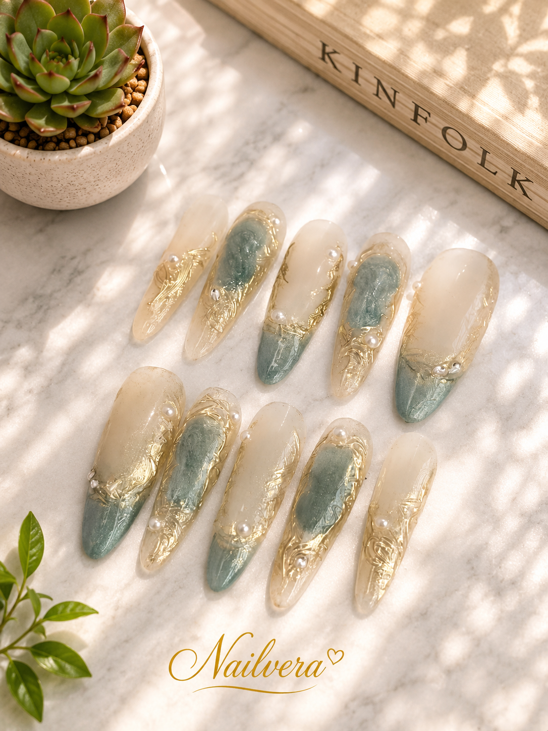 Jade Pearl Press-On Nails – Handmade Gold Marble Luxury Gel Nail Set