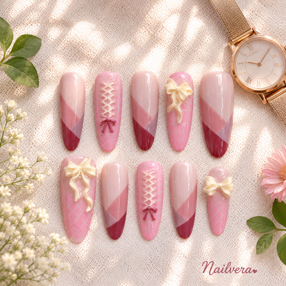 Pink Coquette Handmade Press-On Nails with 3D Bow & Corset Design