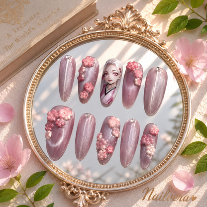 Anime Sakura Press-On Nails – Handmade 3D Cherry Blossom Gel Nail Set