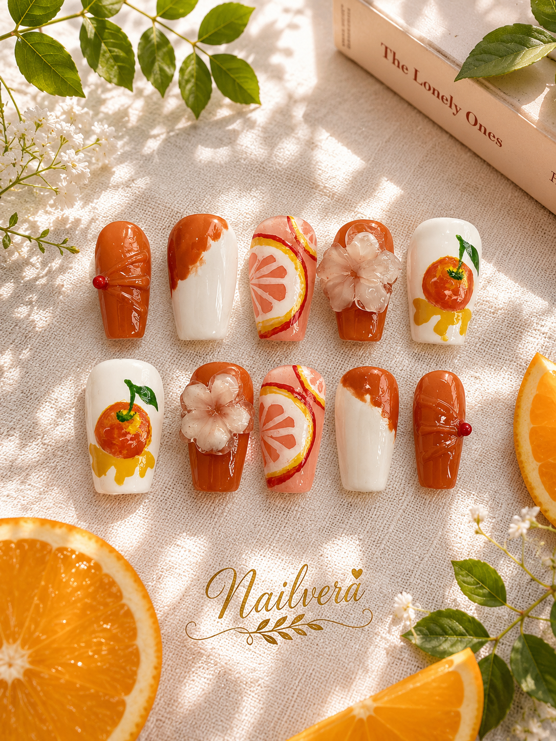 Orange Blossom Press-On Nails – Handmade 3D Citrus Gel Nail Set