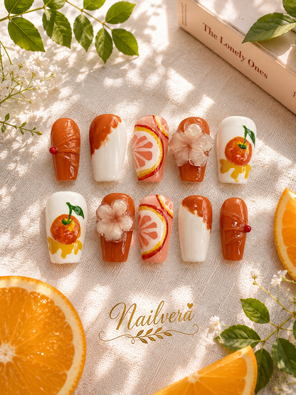 Orange Blossom Press-On Nails – Handmade 3D Citrus Gel Nail Set