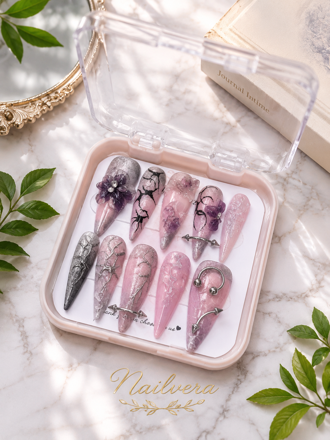 Lavender Gothic Press-On Nails – Handmade 3D Floral Chrome Gel Nail Set