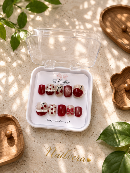 Cherry Coquette Press-On Nails – Handmade 3D Cherry Gel Nail Set