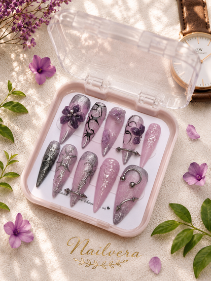 Lavender Gothic Press-On Nails – Handmade 3D Floral Chrome Gel Nail Set