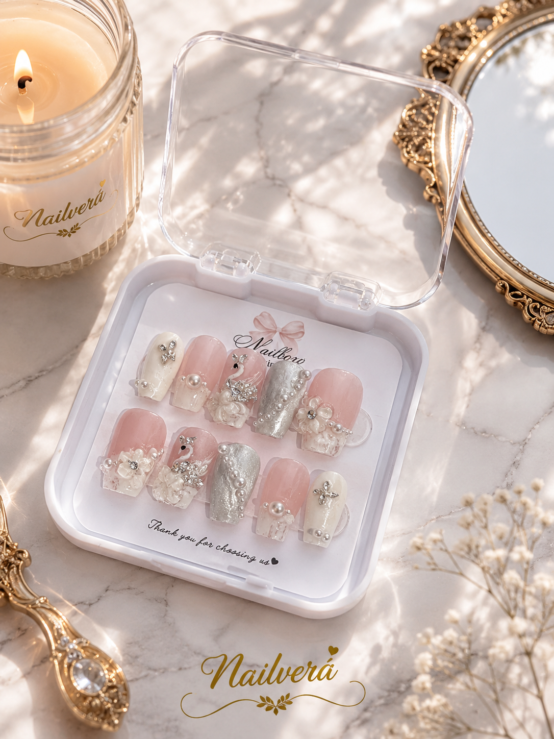 Pearl Blossom Press-On Nails – Handmade Bridal Luxury Gel Nail Set