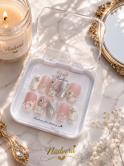 Pearl Blossom Press-On Nails – Handmade Bridal Luxury Gel Nail Set
