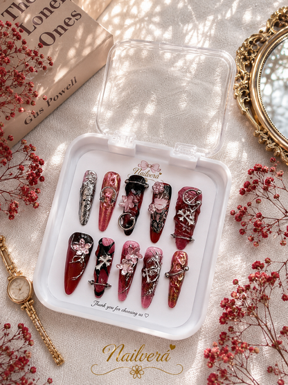 Dark Anime Press-On Nails – Handmade Gothic Y2K Chrome Gel Nail Set