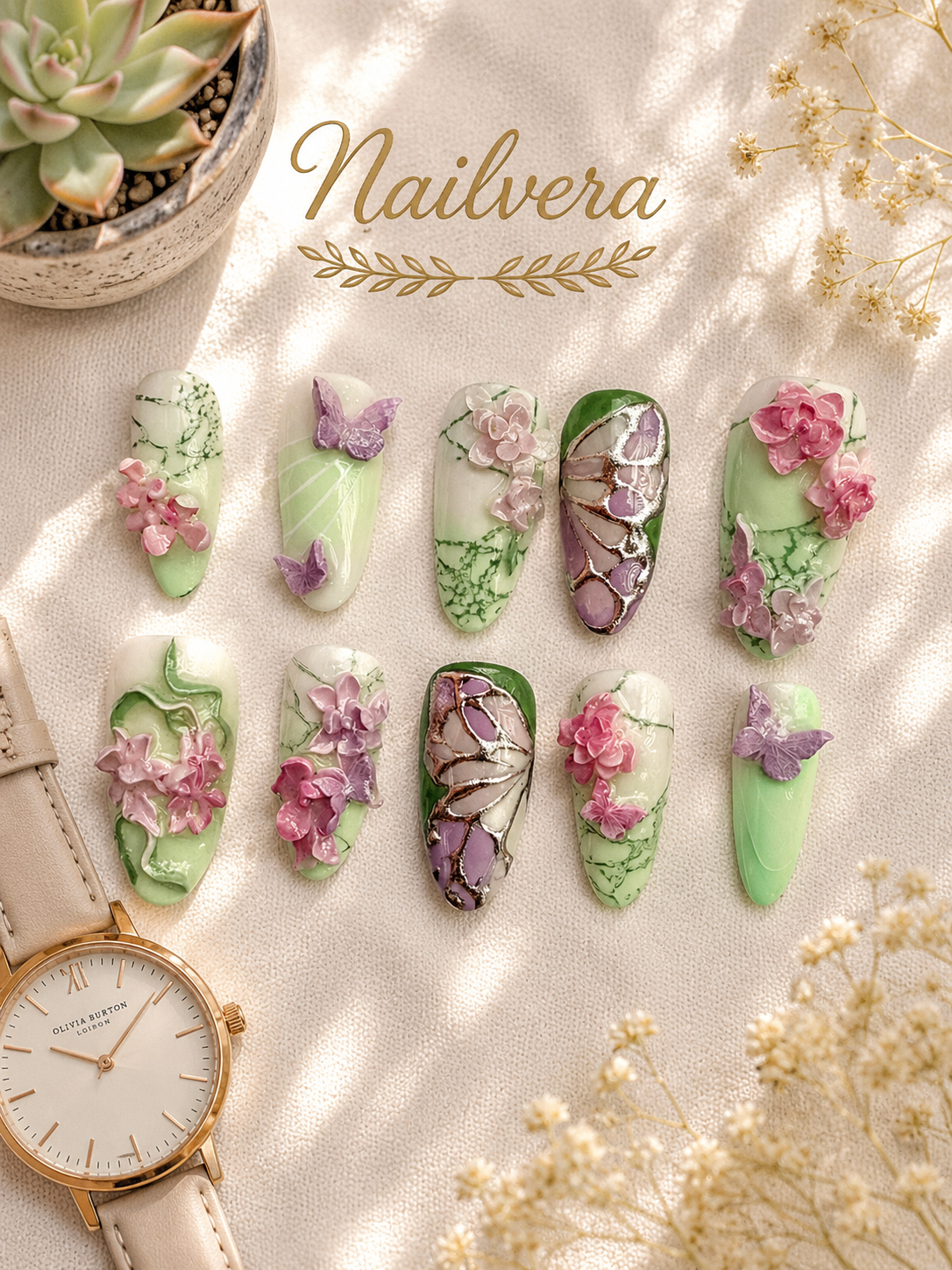 Butterfly Garden Press-On Nails – Handmade 3D Floral Sage Green Gel Nail Set