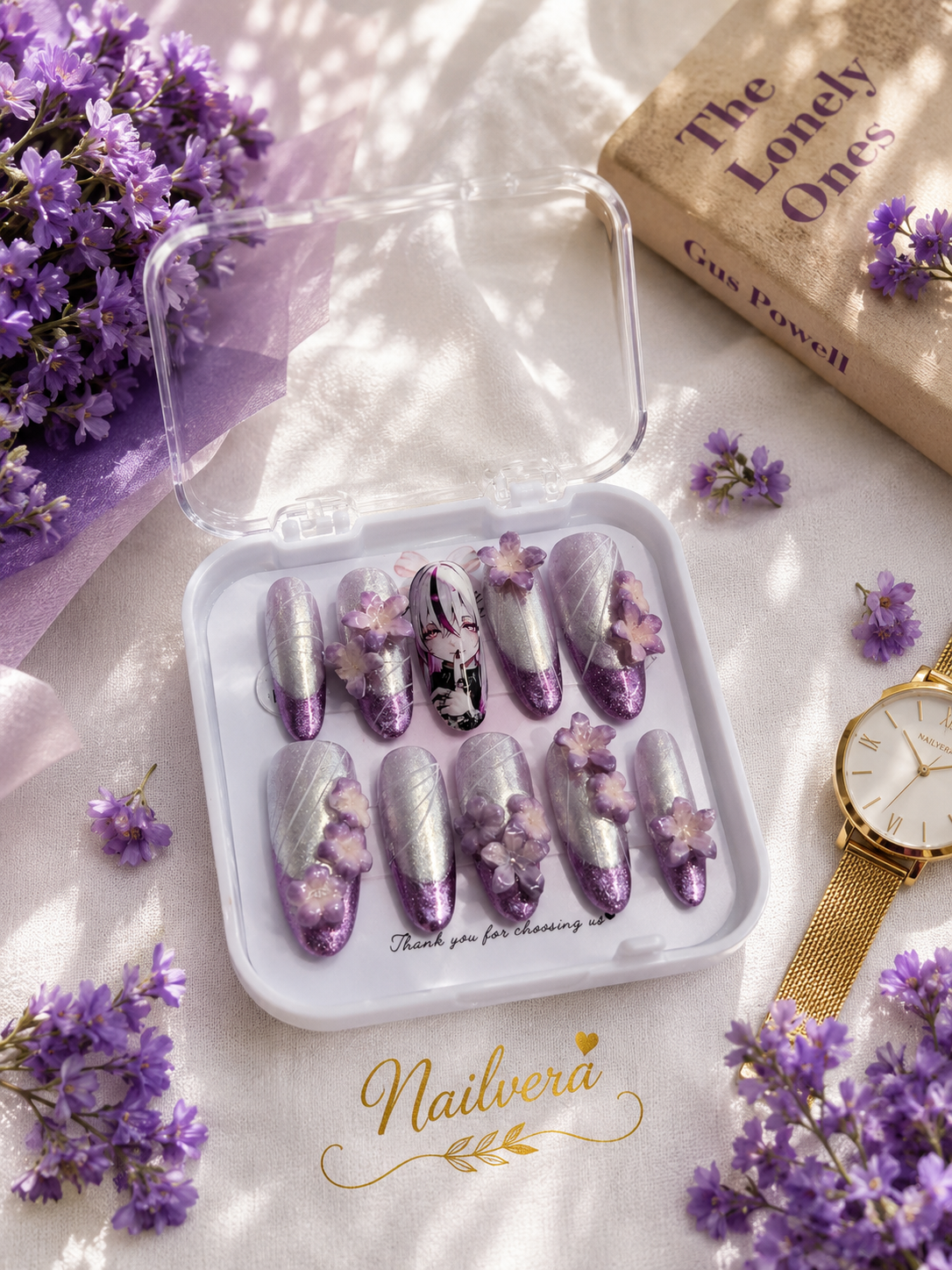 Lavender Anime Press-On Nails – Handmade 3D Sakura Gel Nail Set