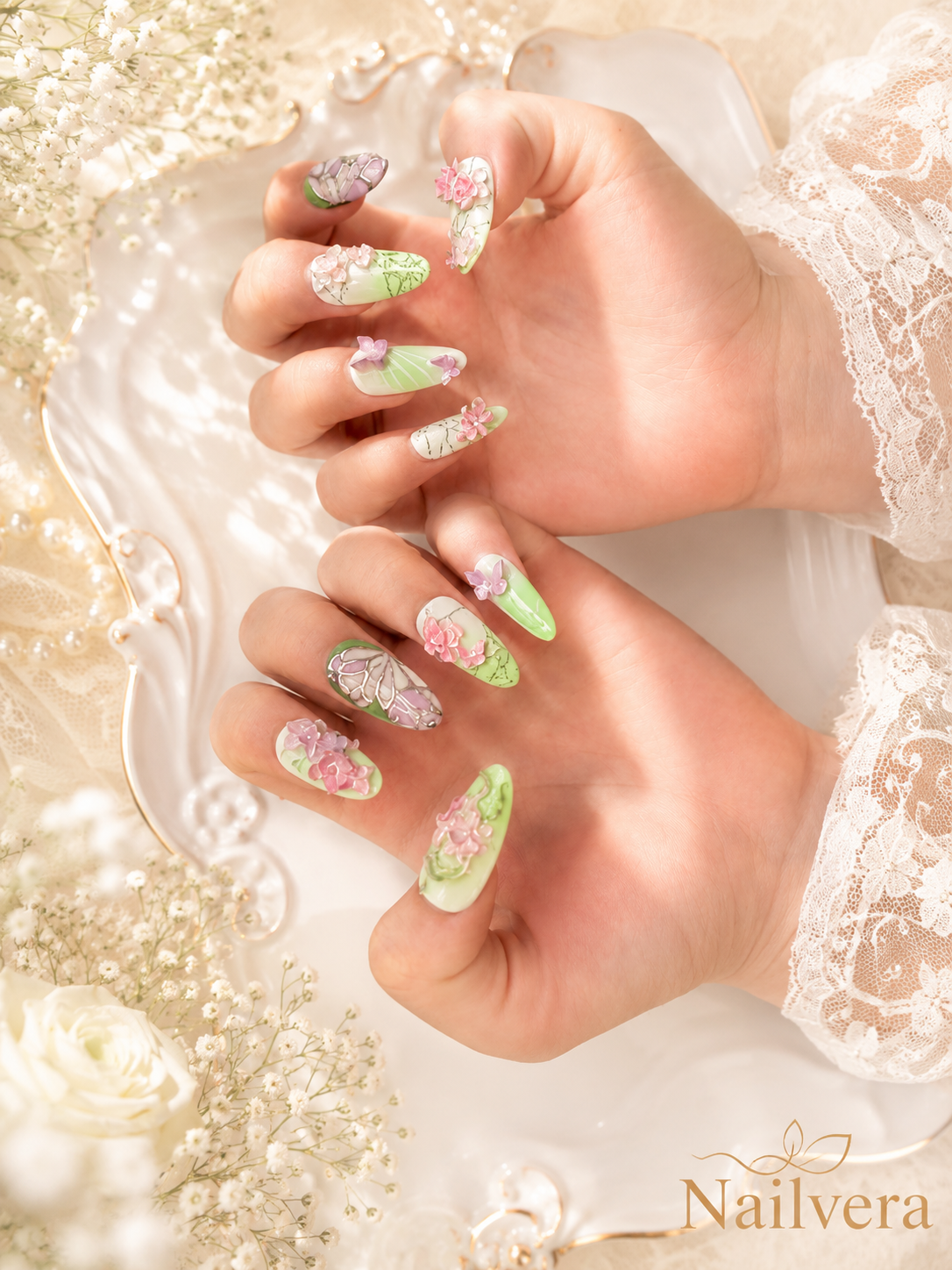 Butterfly Garden Press-On Nails – Handmade 3D Floral Sage Green Gel Nail Set