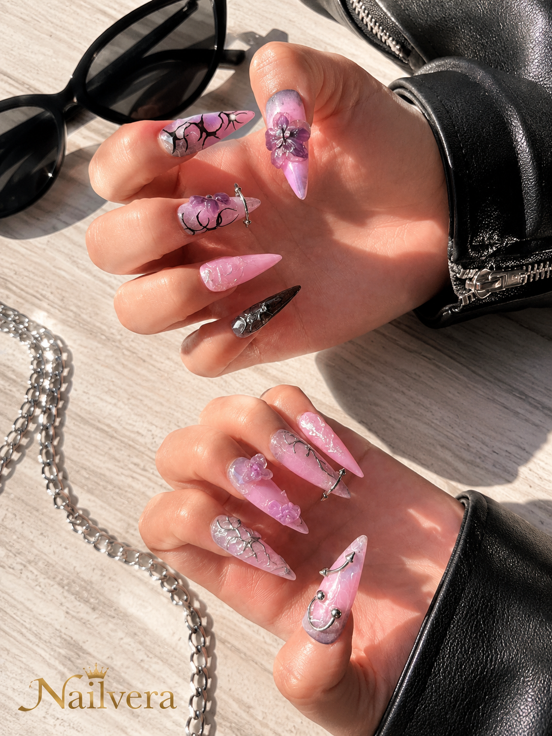 Lavender Gothic Press-On Nails – Handmade 3D Floral Chrome Gel Nail Set