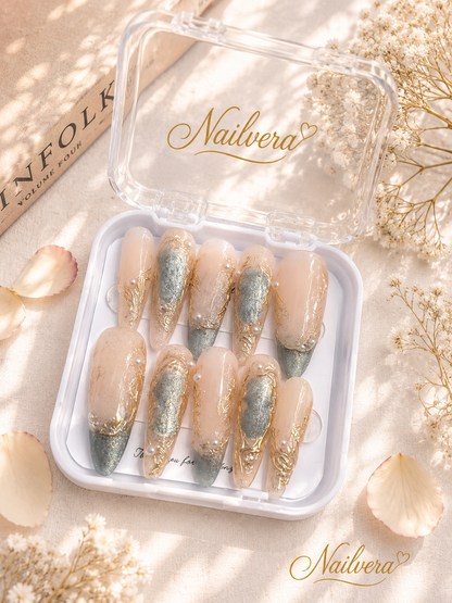 Jade Pearl Press-On Nails – Handmade Gold Marble Luxury Gel Nail Set