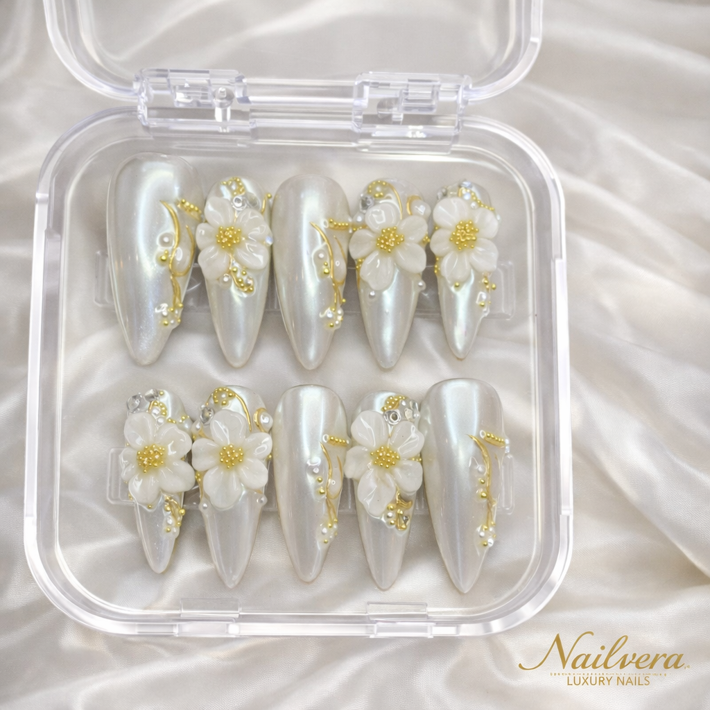 Pearl Blossom Press-On Nails – White Chrome Floral 3D Design | Nailvera Luxury Nails