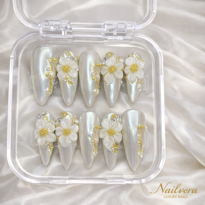Pearl Blossom Press-On Nails – White Chrome Floral 3D Design | Nailvera Luxury Nails