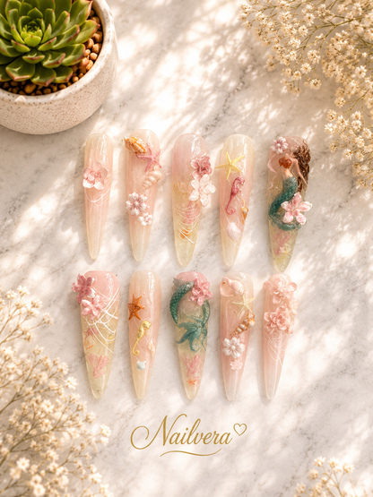 Mermaid Fantasy Press-On Nails – Handmade Ocean Princess 3D Gel Nail Set