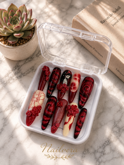 Dark Rose Anime Press-On Nails – Handmade 3D Rose Gothic Gel Nail Set