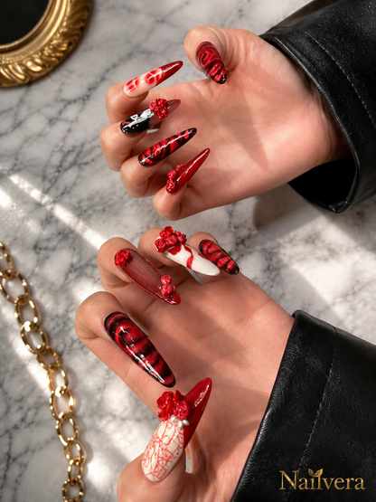 Dark Rose Anime Press-On Nails – Handmade 3D Rose Gothic Gel Nail Set