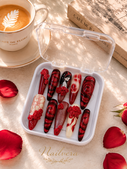 Dark Rose Anime Press-On Nails – Handmade 3D Rose Gothic Gel Nail Set