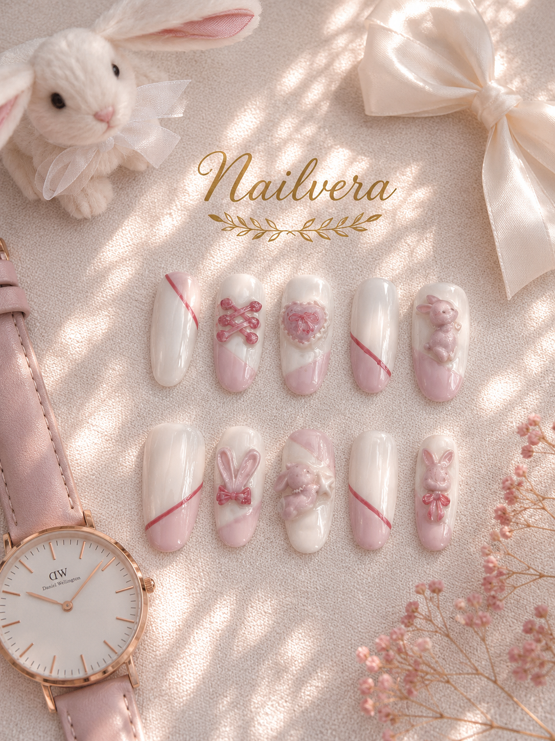 Bunny Coquette Press-On Nails – Handmade 3D Rabbit & Bow Gel Nail Set