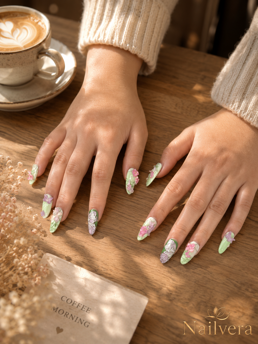 Butterfly Garden Press-On Nails – Handmade 3D Floral Sage Green Gel Nail Set