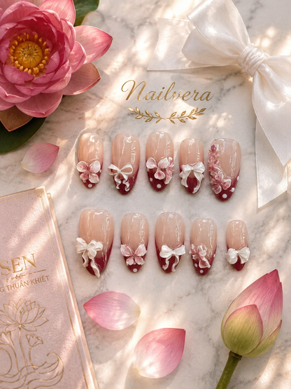 Pink Coquette Press-On Nails – Handmade 3D Bow & Floral Gel Nail Set