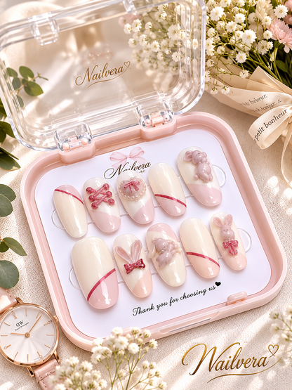 Bunny Coquette Press-On Nails – Handmade 3D Rabbit & Bow Gel Nail Set