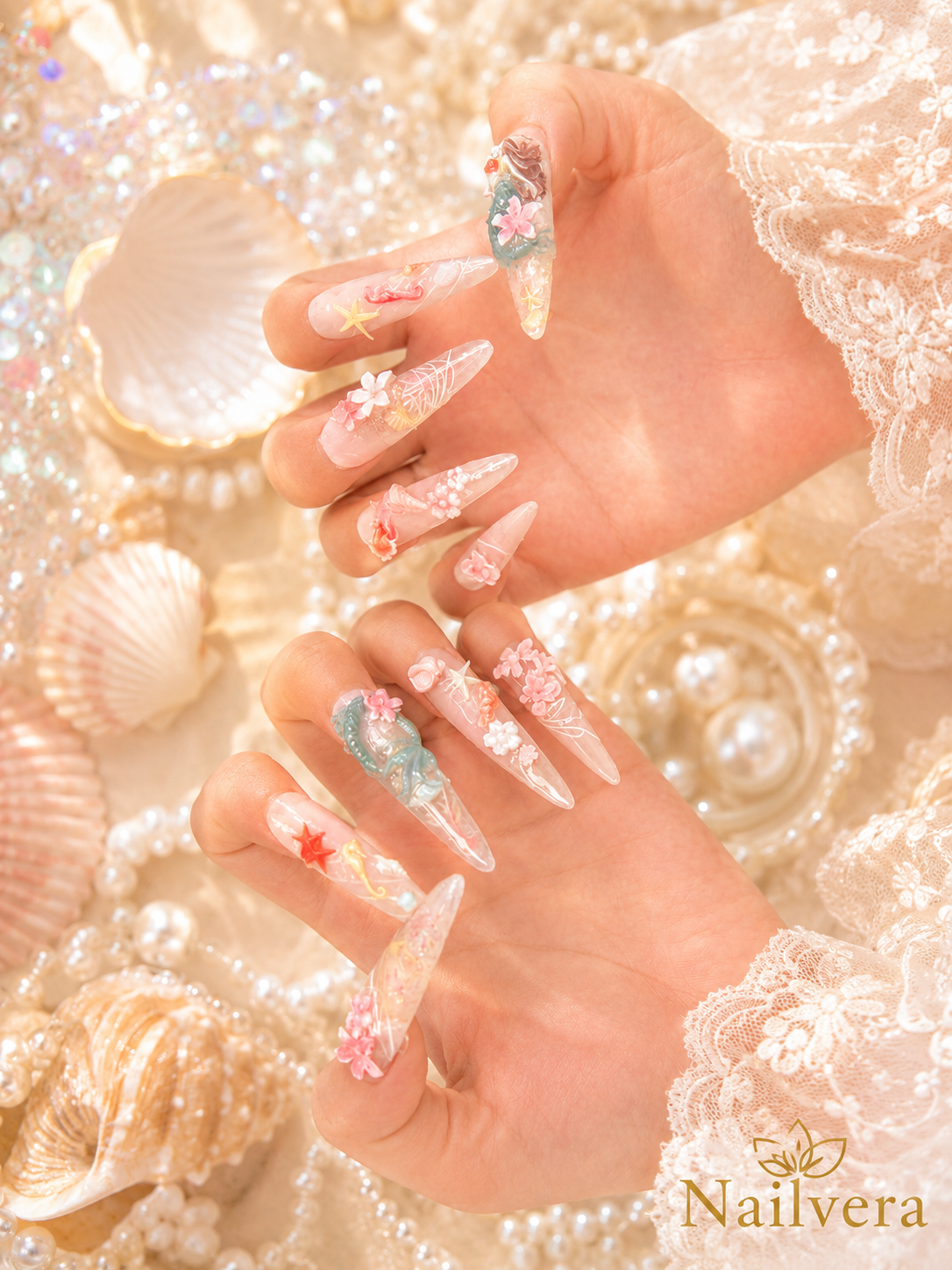 Mermaid Fantasy Press-On Nails – Handmade Ocean Princess 3D Gel Nail Set