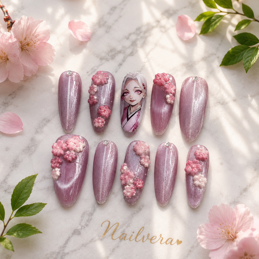 Anime Sakura Press-On Nails – Handmade 3D Cherry Blossom Gel Nail Set