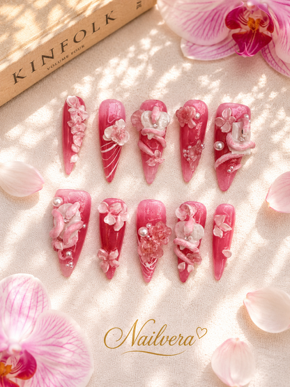Pink Sakura Press-On Nails – Handmade 3D Floral Luxury Gel Nail Se