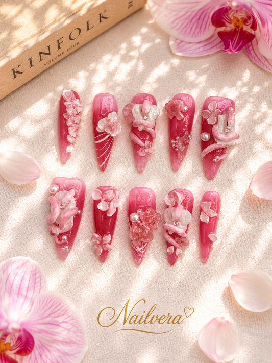 Pink Sakura Press-On Nails – Handmade 3D Floral Luxury Gel Nail Se