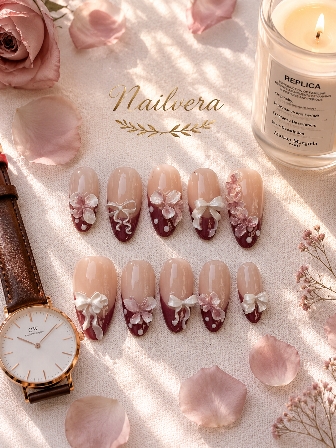 Pink Coquette Press-On Nails – Handmade 3D Bow & Floral Gel Nail Set