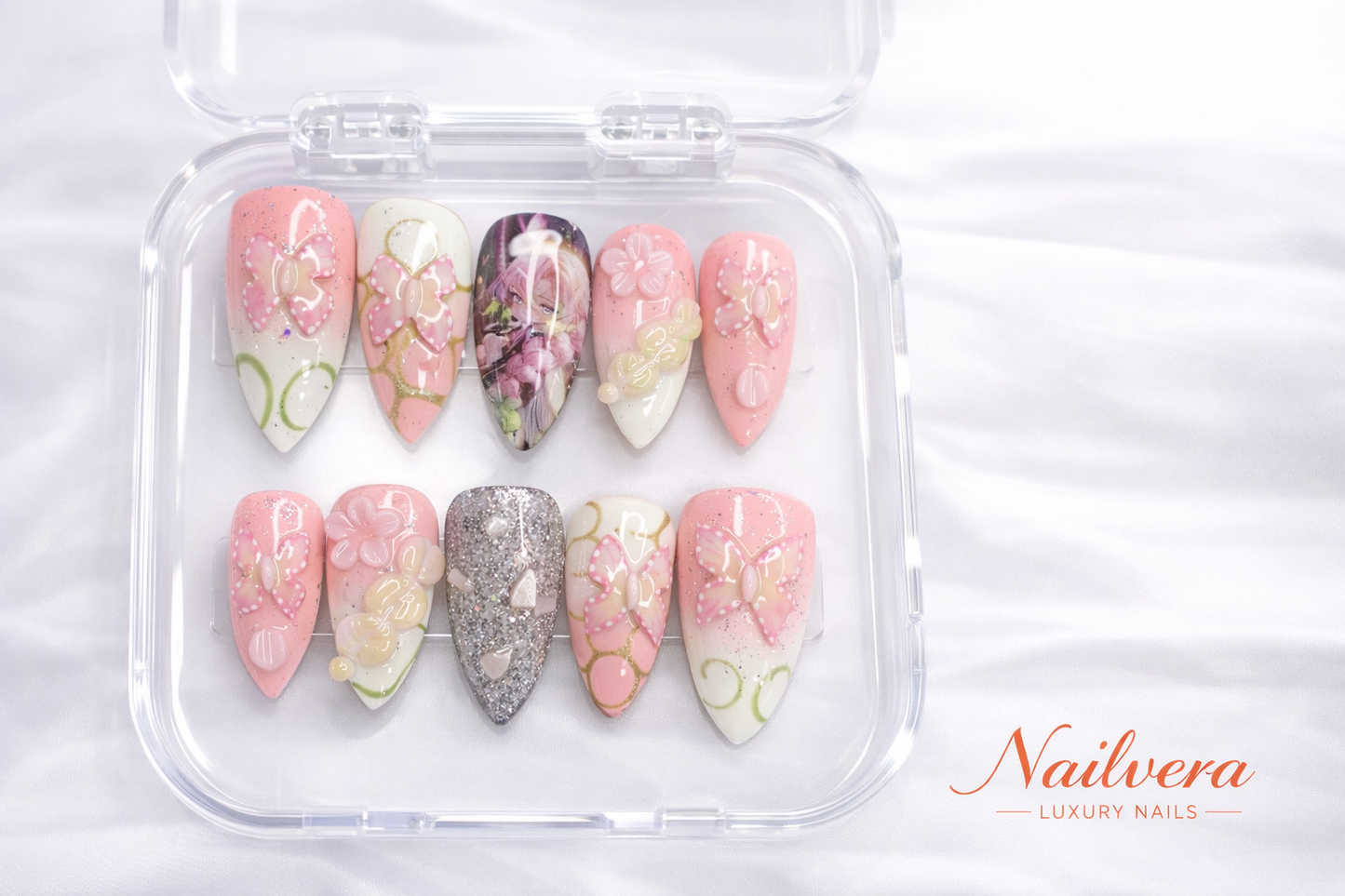 Blossom Butterfly Press-On Nails – Pink Floral 3D Design | Nailvera Luxury Nails