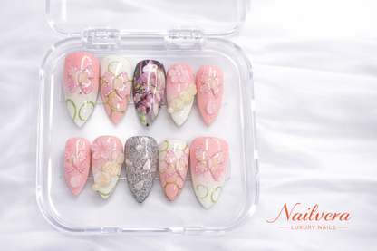 Blossom Butterfly Press-On Nails – Pink Floral 3D Design | Nailvera Luxury Nails