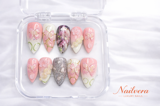 Blossom Butterfly Press-On Nails – Pink Floral 3D Design | Nailvera Luxury Nails