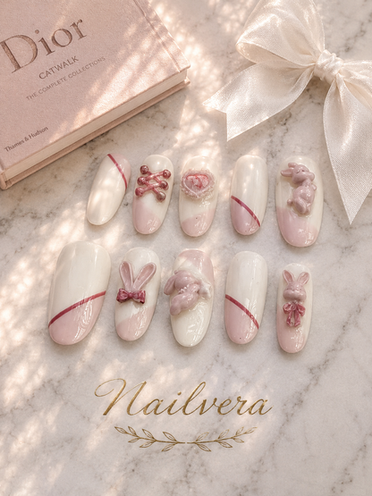 Bunny Coquette Press-On Nails – Handmade 3D Rabbit & Bow Gel Nail Set