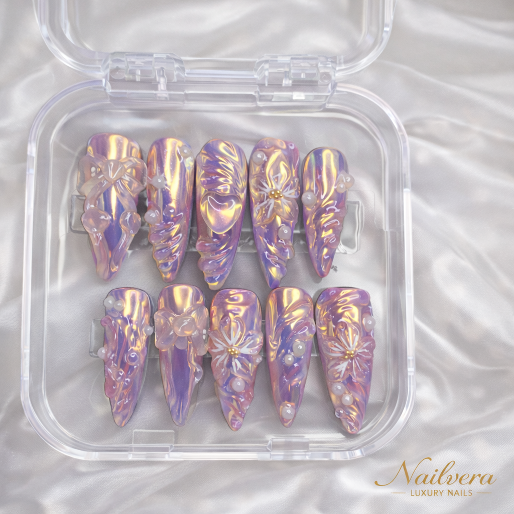 Iridescent Fairy Press-On Nails – Purple Chrome 3D Design | Nailvera Luxury Nails