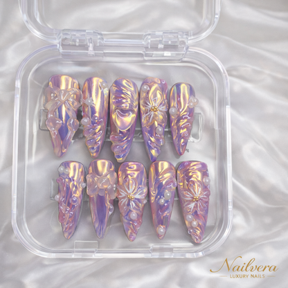 Iridescent Fairy Press-On Nails – Purple Chrome 3D Design | Nailvera Luxury Nails