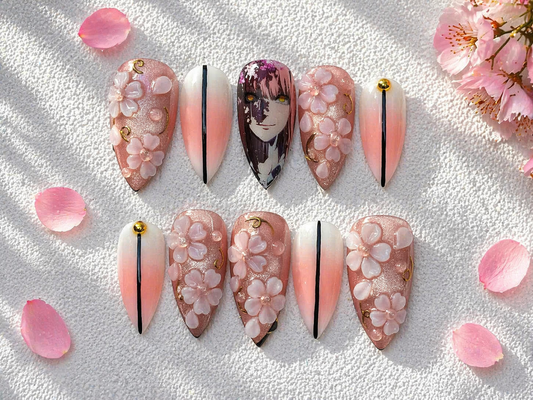 Cherry Blossom Anime Press-On Nails – Pink Sakura 3D Floral Luxury Set | Nailvera