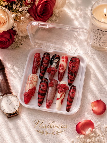 Dark Rose Anime Press-On Nails – Handmade 3D Rose Gothic Gel Nail Set