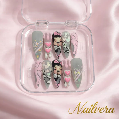 Kawaii Love Cartoon Press-On Nails – Pink Grey Heart 3D Design | Nailvera Luxury Nails