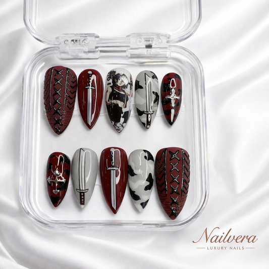 Warrior Blade Press-On Nails – Red Black Sword Gothic Design | Nailvera Luxury Nails