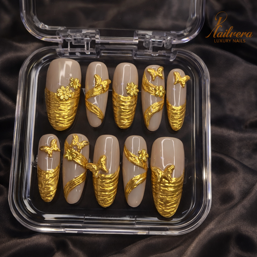 Golden Butterfly Luxury Press-On Nails – Nude Gold 3D Design | Nailvera Luxury Nails