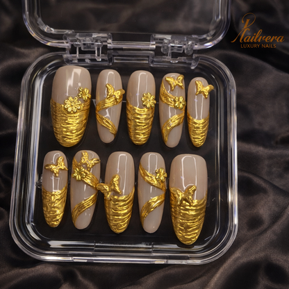 Golden Butterfly Luxury Press-On Nails – Nude Gold 3D Design | Nailvera Luxury Nails