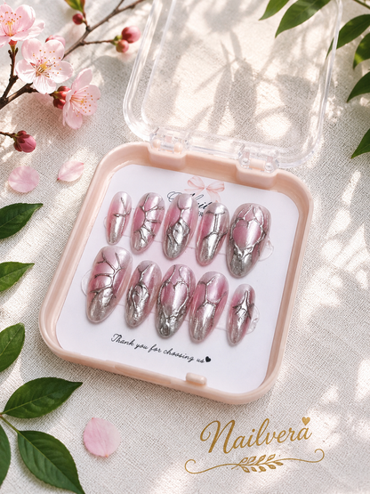 Y2K Chrome Press-On Nails – Handmade Silver Metallic Design